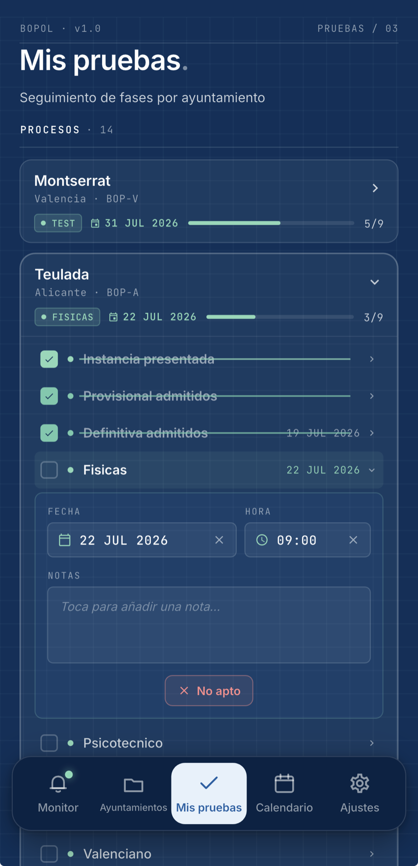 Pantalla Mis pruebas de BoPol